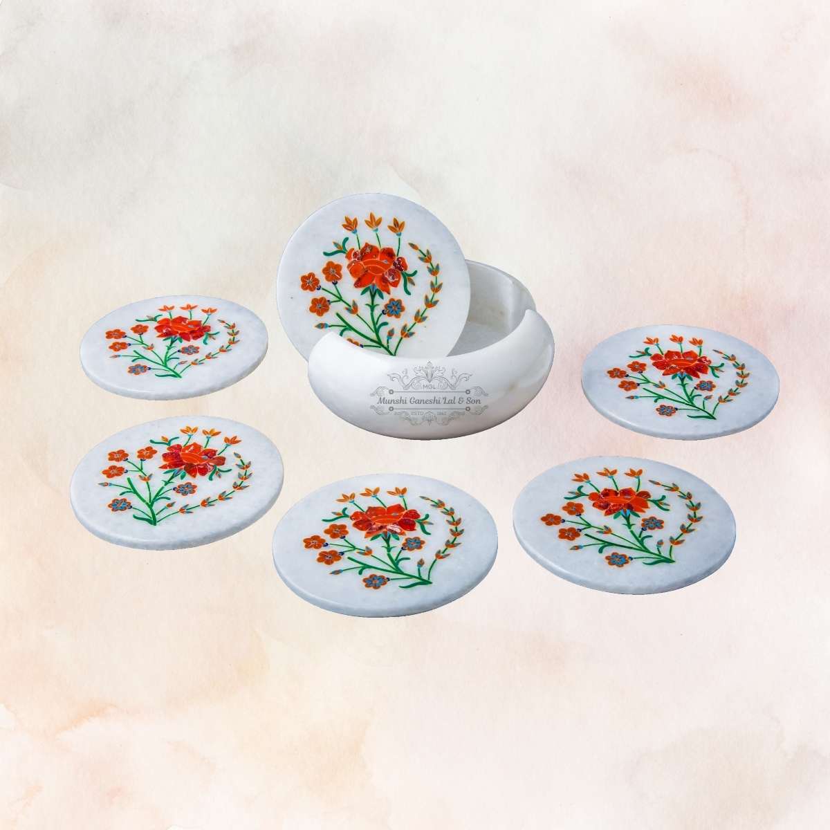 Green-Orange-Yellow Flower Carved Design Marble Coaster